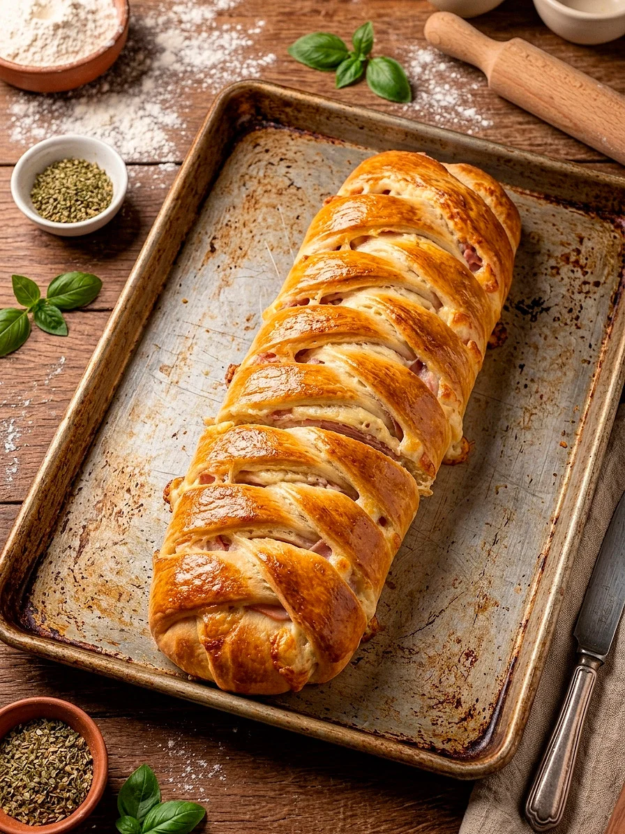 Pão Pizza fatiado na assadeira mostrando o recheio generoso de queijo e presunto.