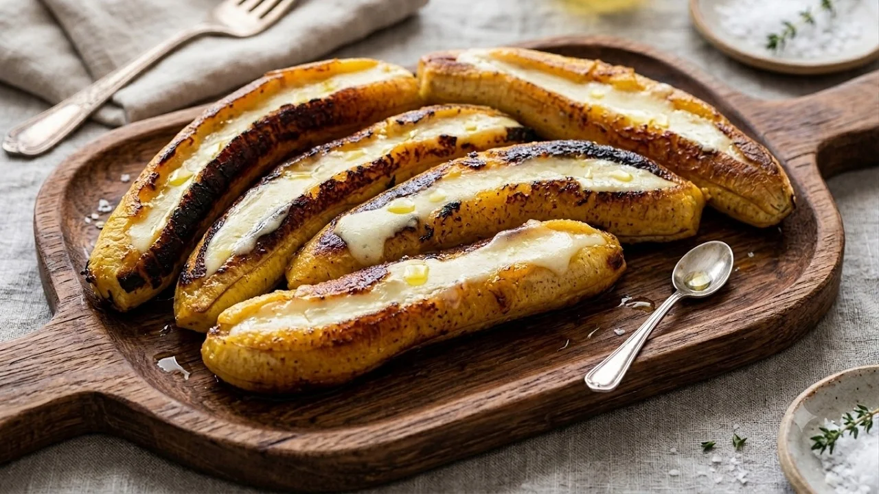 banana da terra assada e recheada com queijo que derrete