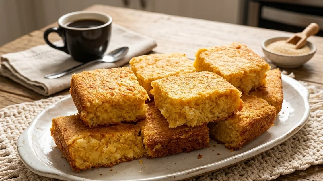 Bolo de milho com coco sem farinha de trigo, cortado em pedaços