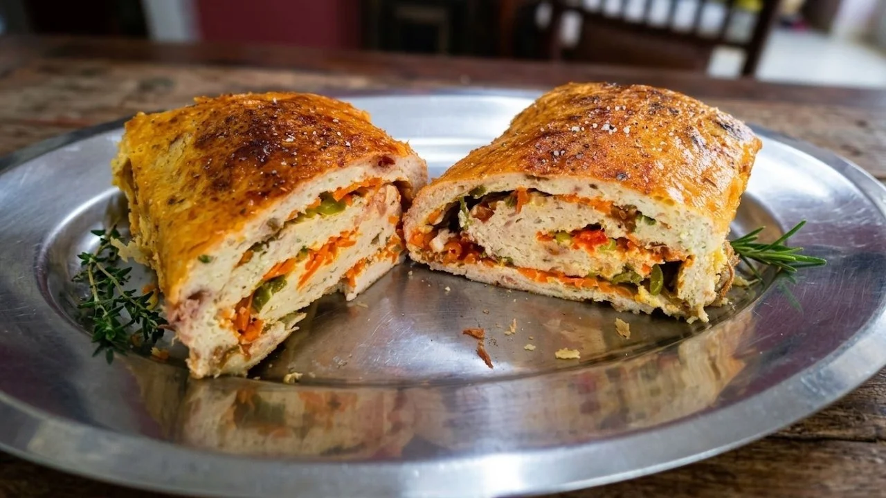 Rocambole de frango recheado com cenoura, pimentão e azeitona